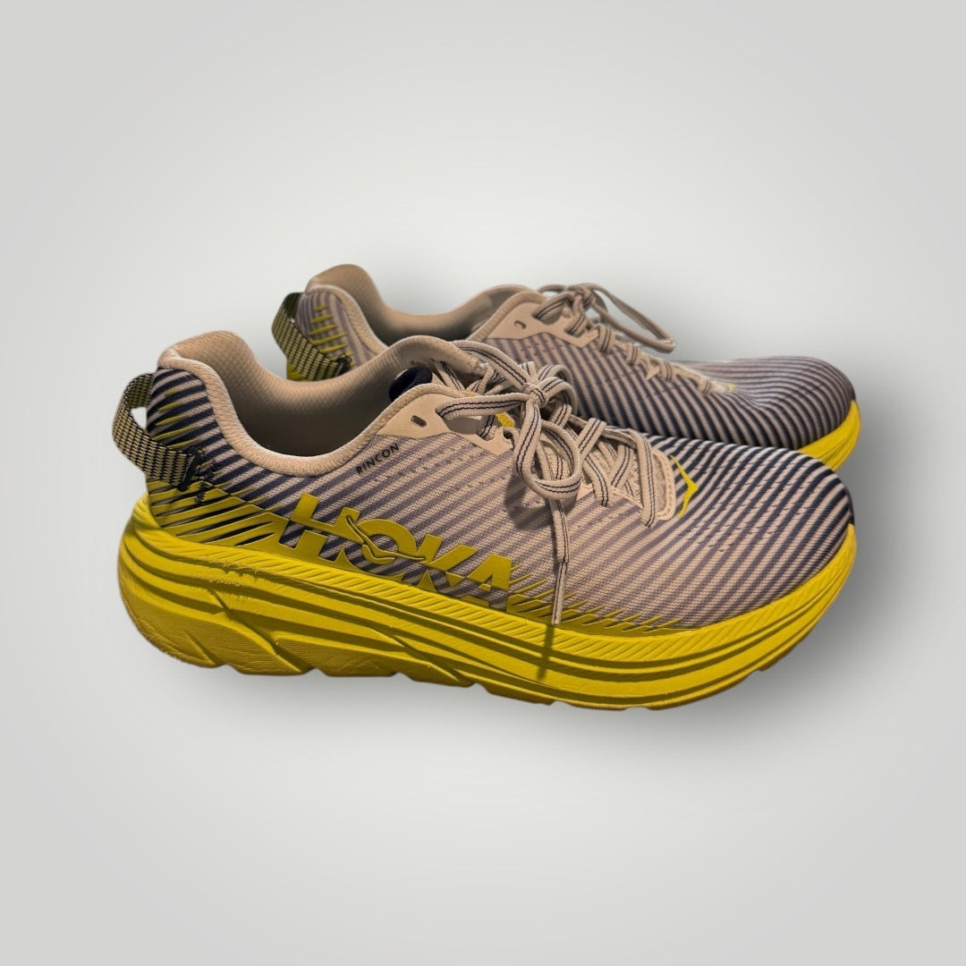 Gray / White Stripe with Neon Yellow HOKA Running Shoes, 6.5