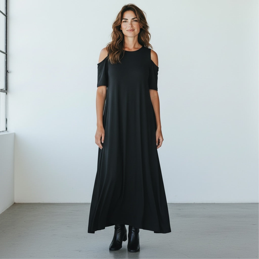 Black Westbound Cold-Shoulder Black Maxi Dress, Large