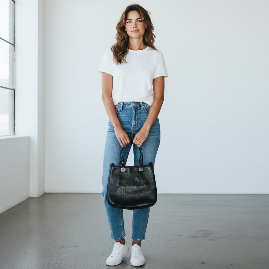 Black Treesje Embossed Leather Tote Bag, Medium Tall