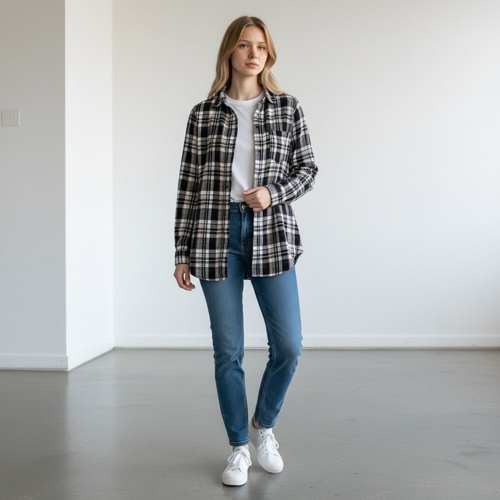 Black/white/Red Intro Plaid Button-Down Shirt, Large