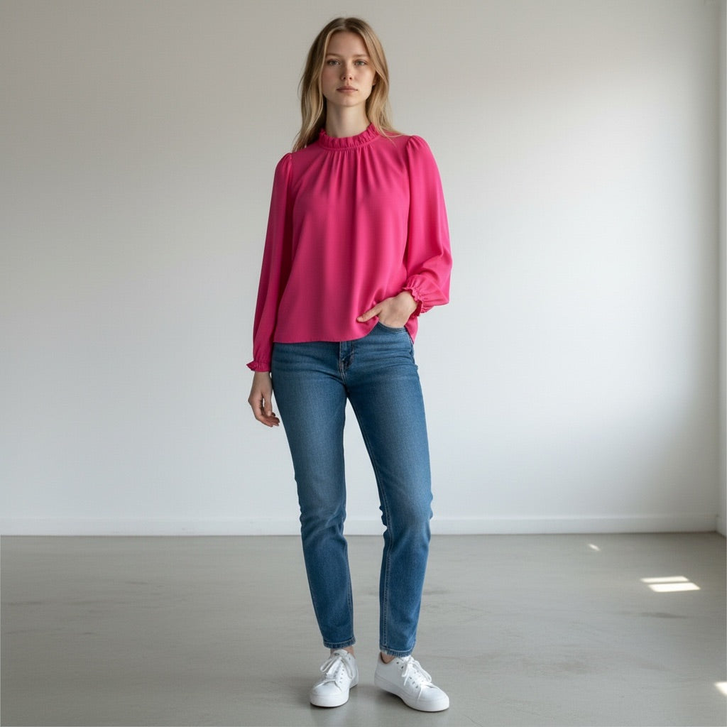 Hot pink J.Crew Ruffled Neck Long Sleeve Blouse, Small