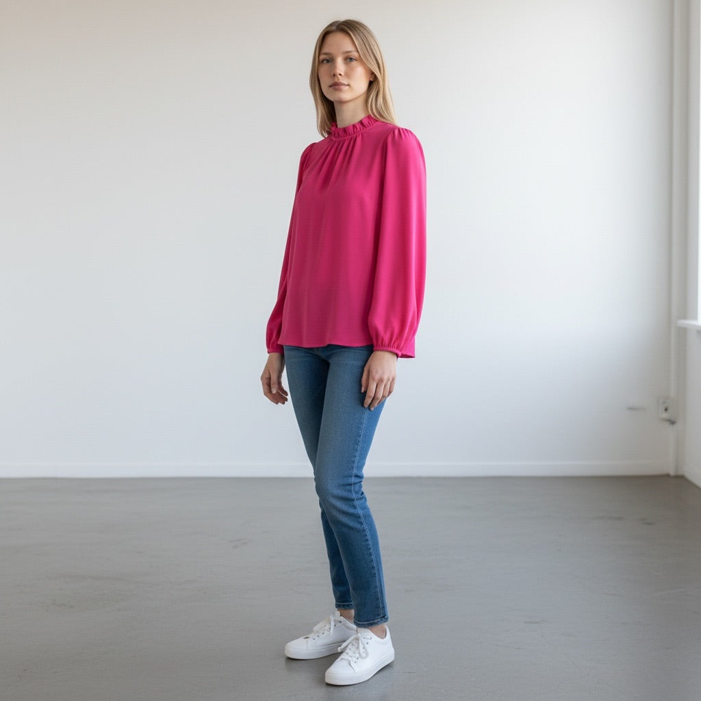 Hot pink J.Crew Ruffled Neck Long Sleeve Blouse, Small