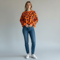 Orange with black and pink leopard print Bibi Print Knit Sweater, Medium