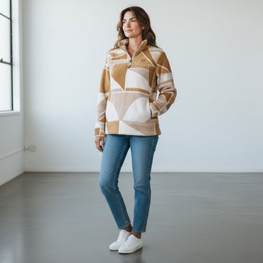 Tan / Cream / White Billabong Geometric Quarter-Zip Fleece Pullover, Small
