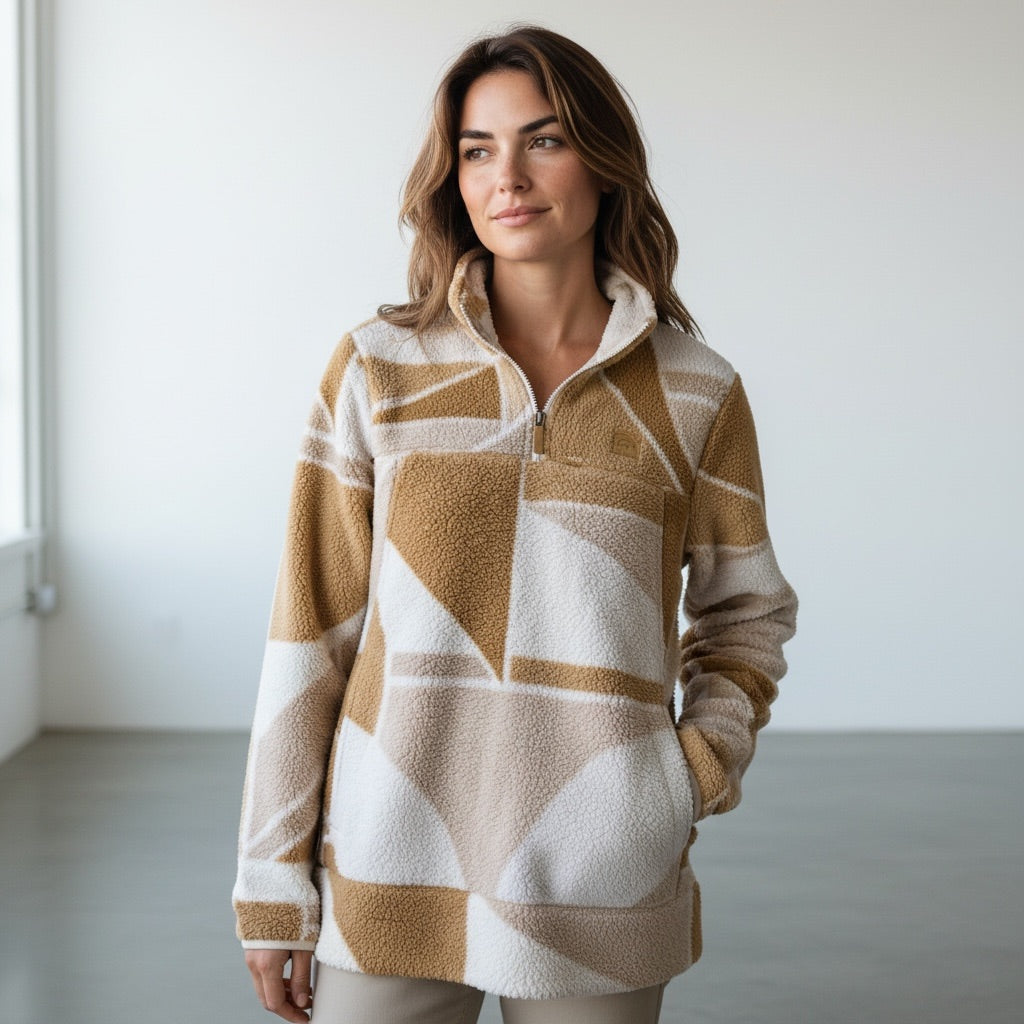 Tan / Cream / White Billabong Geometric Quarter-Zip Fleece Pullover, Small