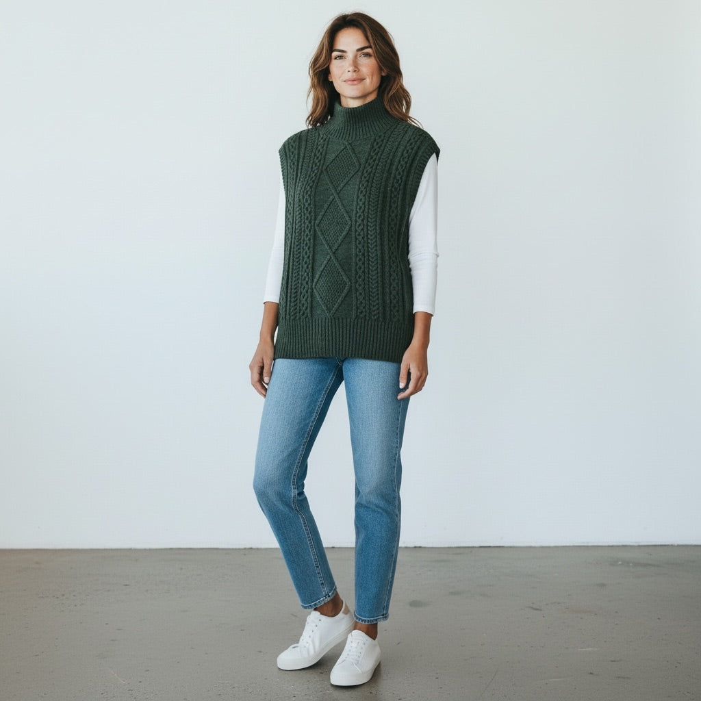 Dark green (forest green) Vero Moda Cable Knit Sleeveless Turtleneck Sweater Vest, Small