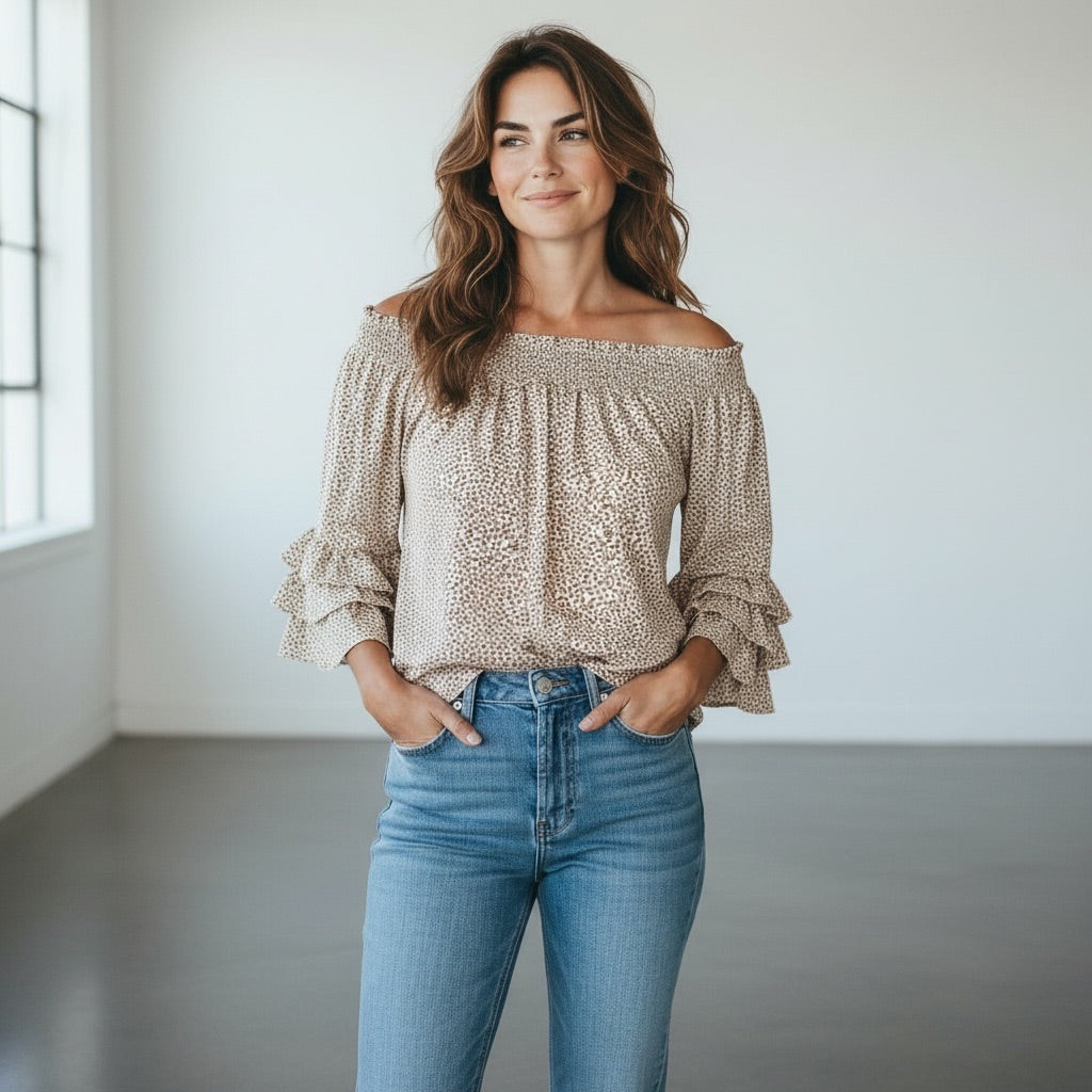 Taupe / Beige with Subtle Animal Prin Kori Off-the-Shoulder Animal Print Top, Large