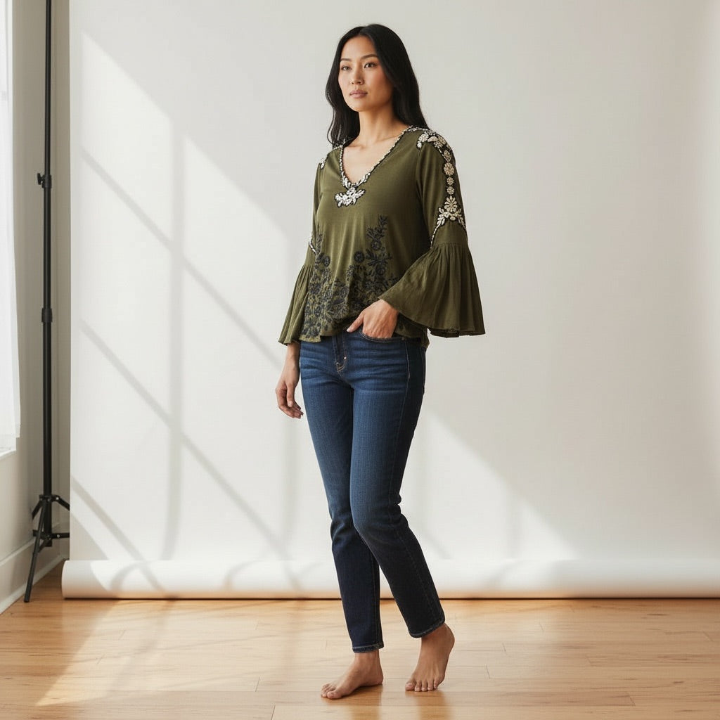 Olive Green with Cream & Black Embroidery Lucky Brand Embroidered Bell Sleeve Top, Medium