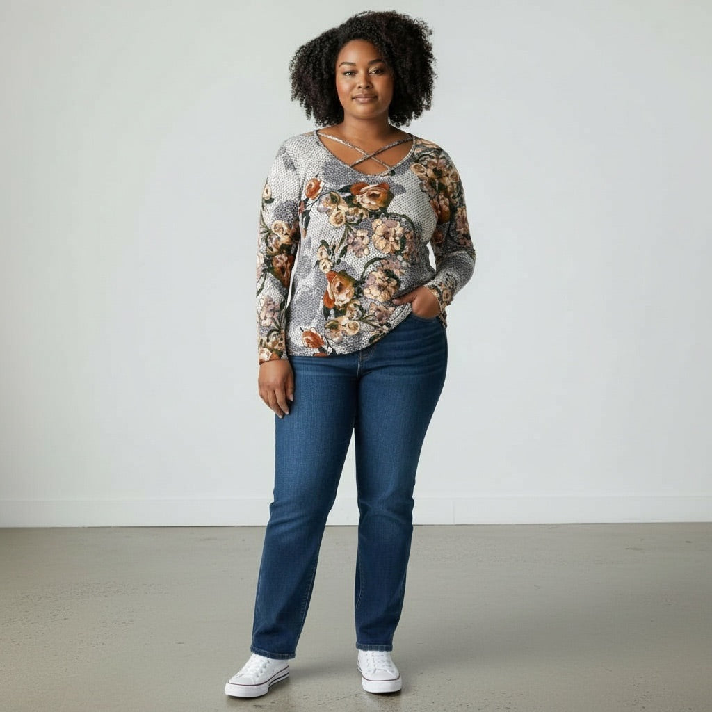 Gray with Multicolor Floral Print (rust, cream, olive tones) Day trip Floral Crisscross Long Sleeve Top, Large