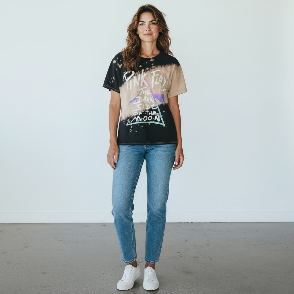 Black/Tan Bleach dye Pink Floyd Women-Tops, Small
