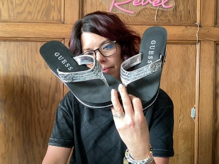 Black/Silver Guess sandals, 7.5