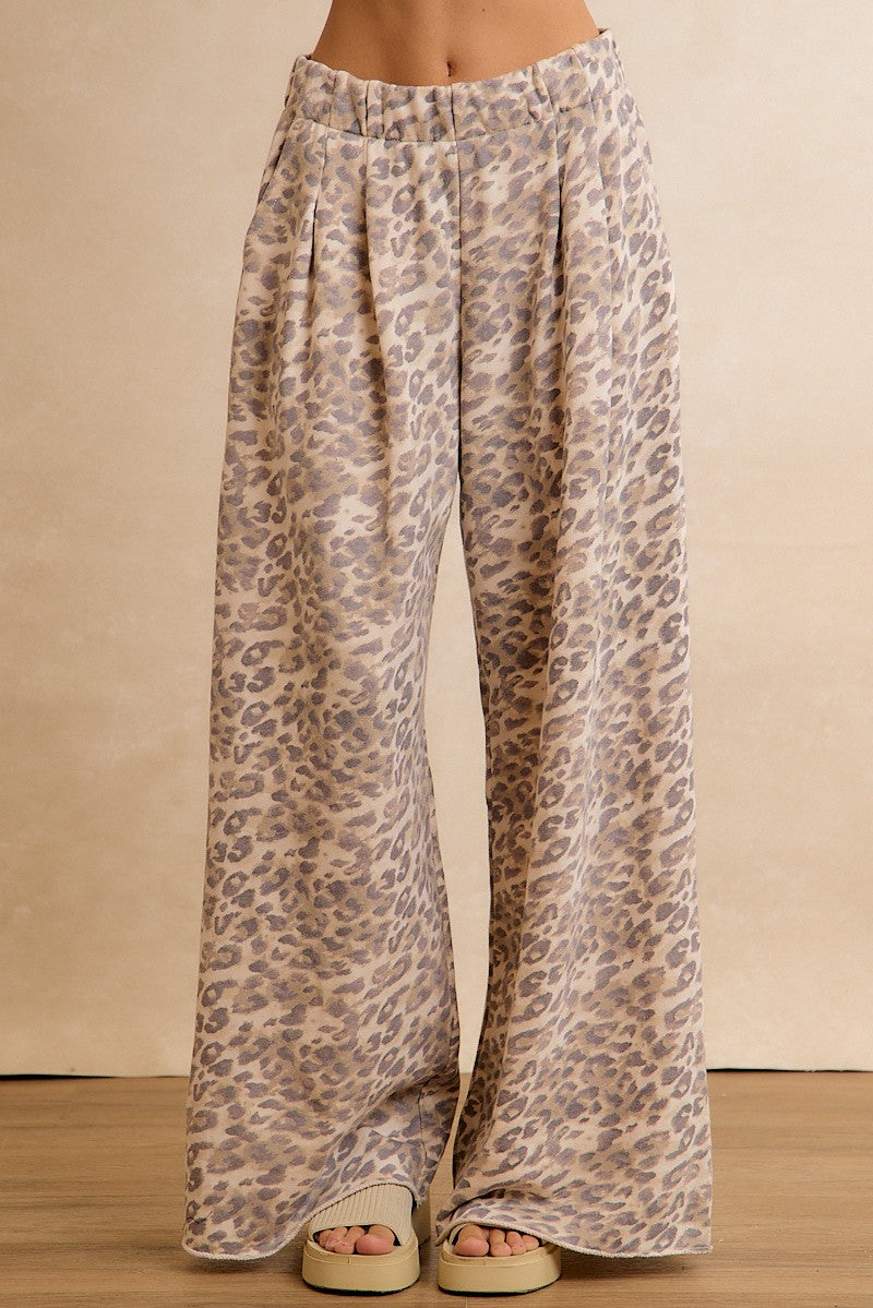 Leopard Print Full Length Wide Leg Pull On Pants