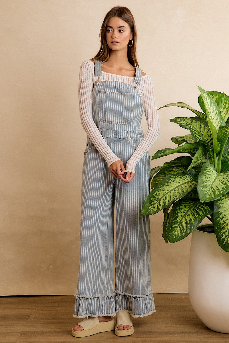 Full Length Washed Striped Denim Overalls