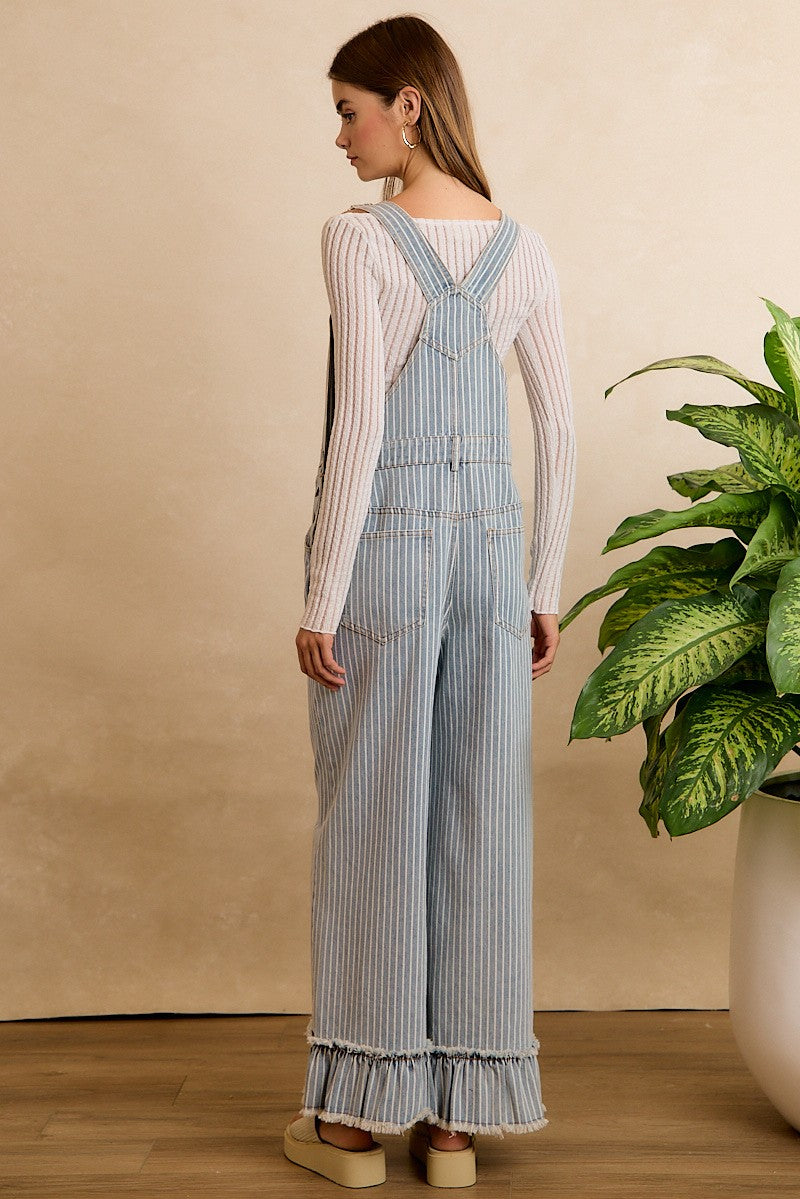 Full Length Washed Striped Denim Overalls